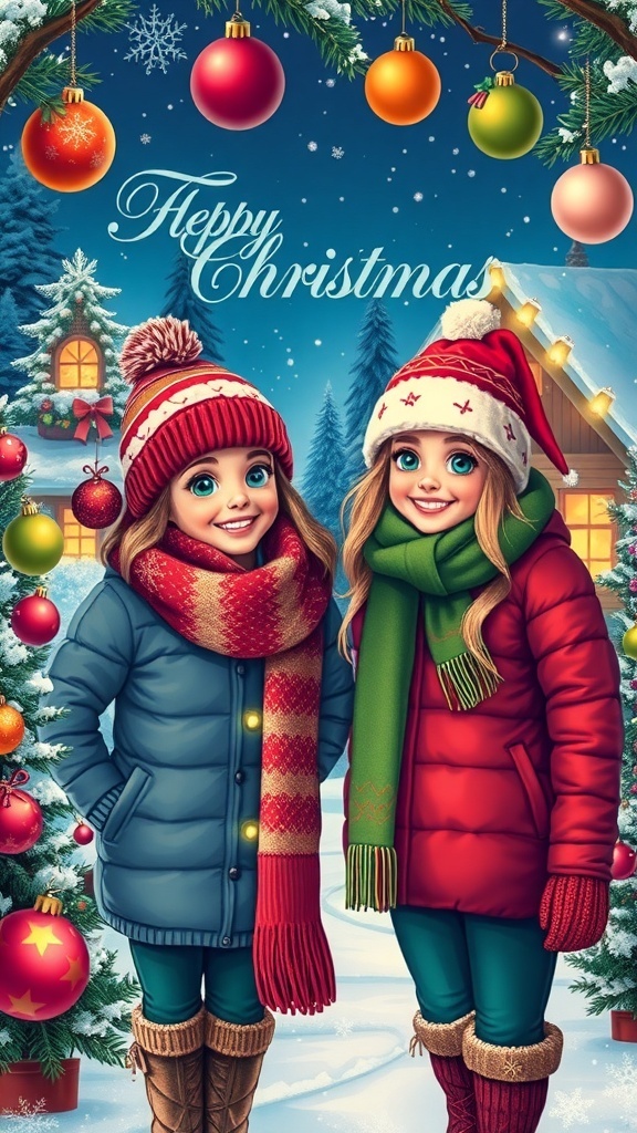 Christmas Wallpaper for Best Friends A cheerful Christmas wallpaper with two friends in winter clothes amidst snowflakes and Christmas decorations.